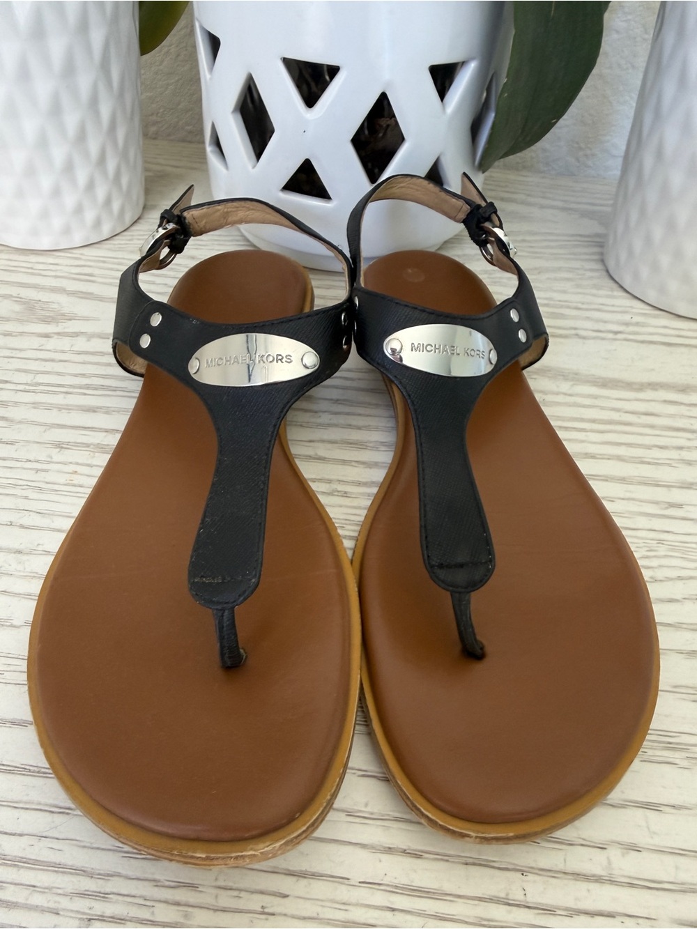 Michael Kors Black and Brown Leather T-Strap Sandals